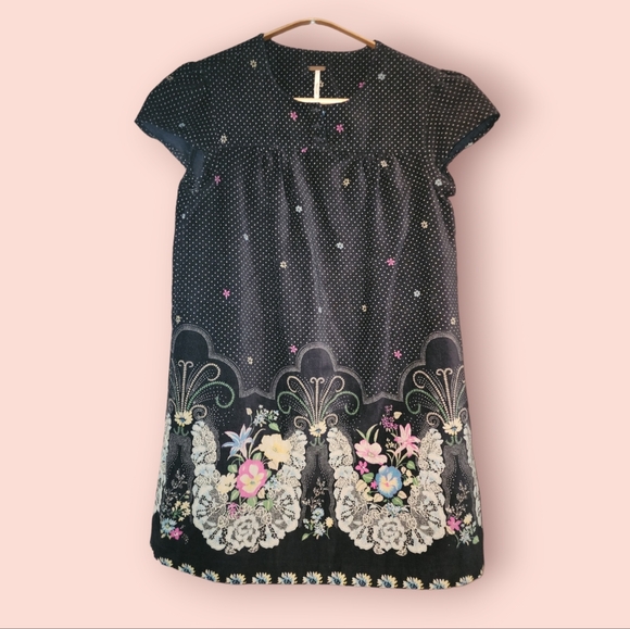 Free People Velvet Babydoll Tunic Polkadot Floral Smock Mini Dress Size 2 - Picture 1 of 4